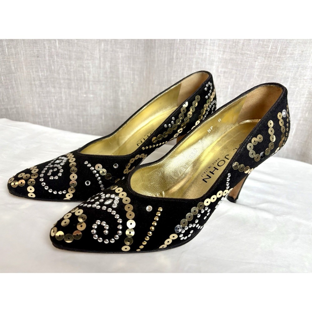 Vintage 80's St. John Black Sequin Heels Pumps Shoes 7 Narrow Fits Like 6.5